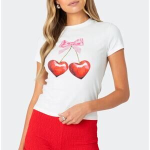 Edikted Bow & Cherry Hearts White Baby Tee